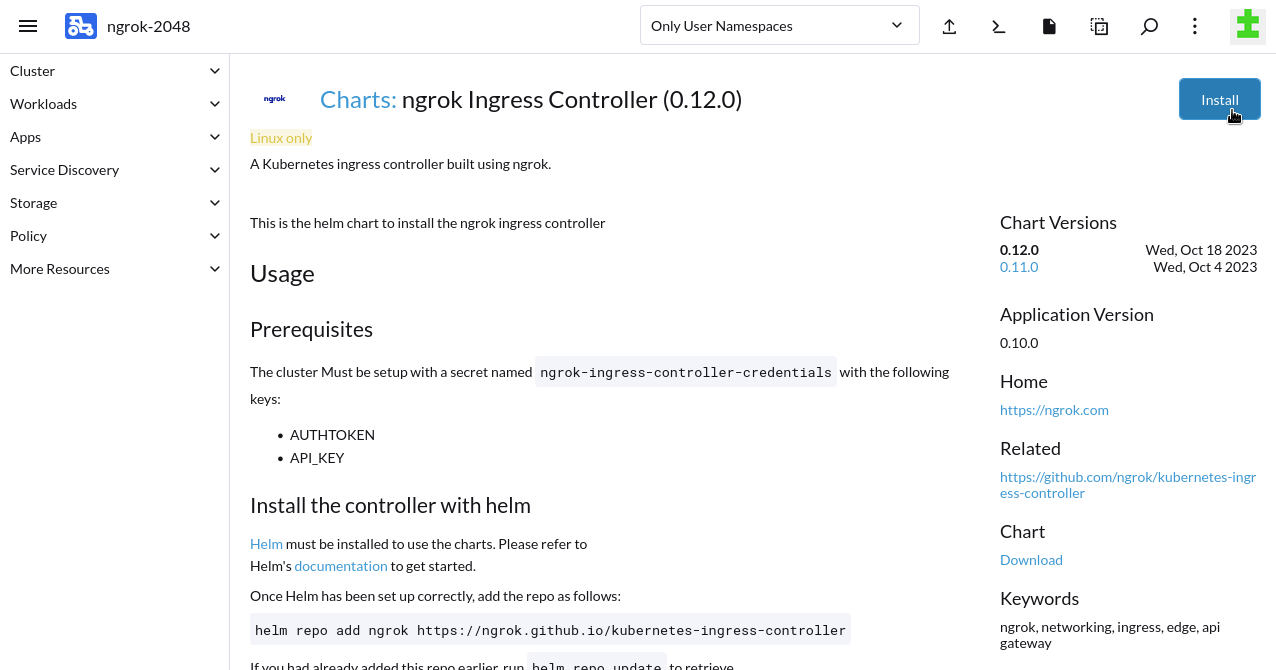 Find the ngrok Kubernetes Operator Helm Chart and begin installation